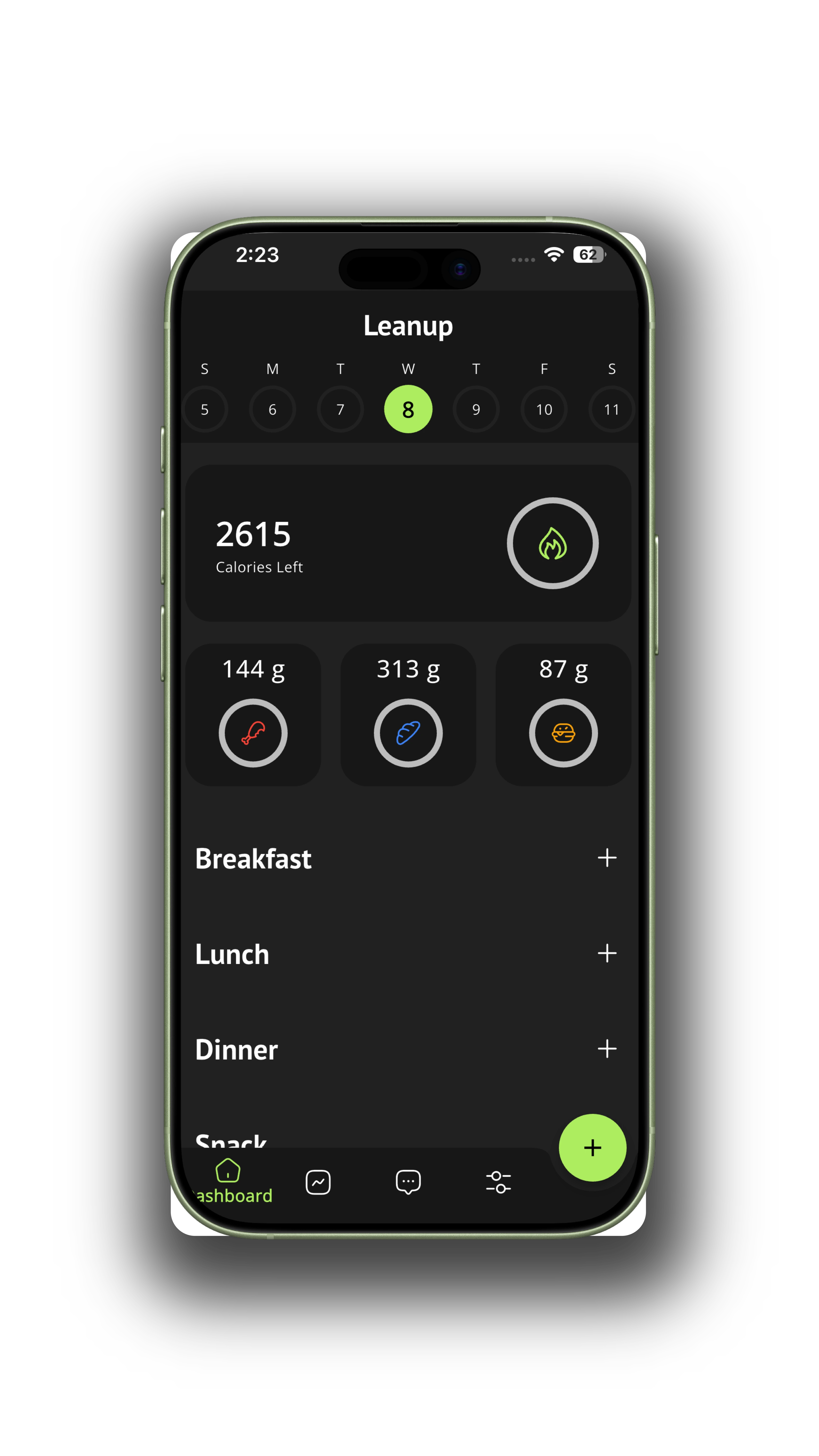 Empty dashboard before logging meals