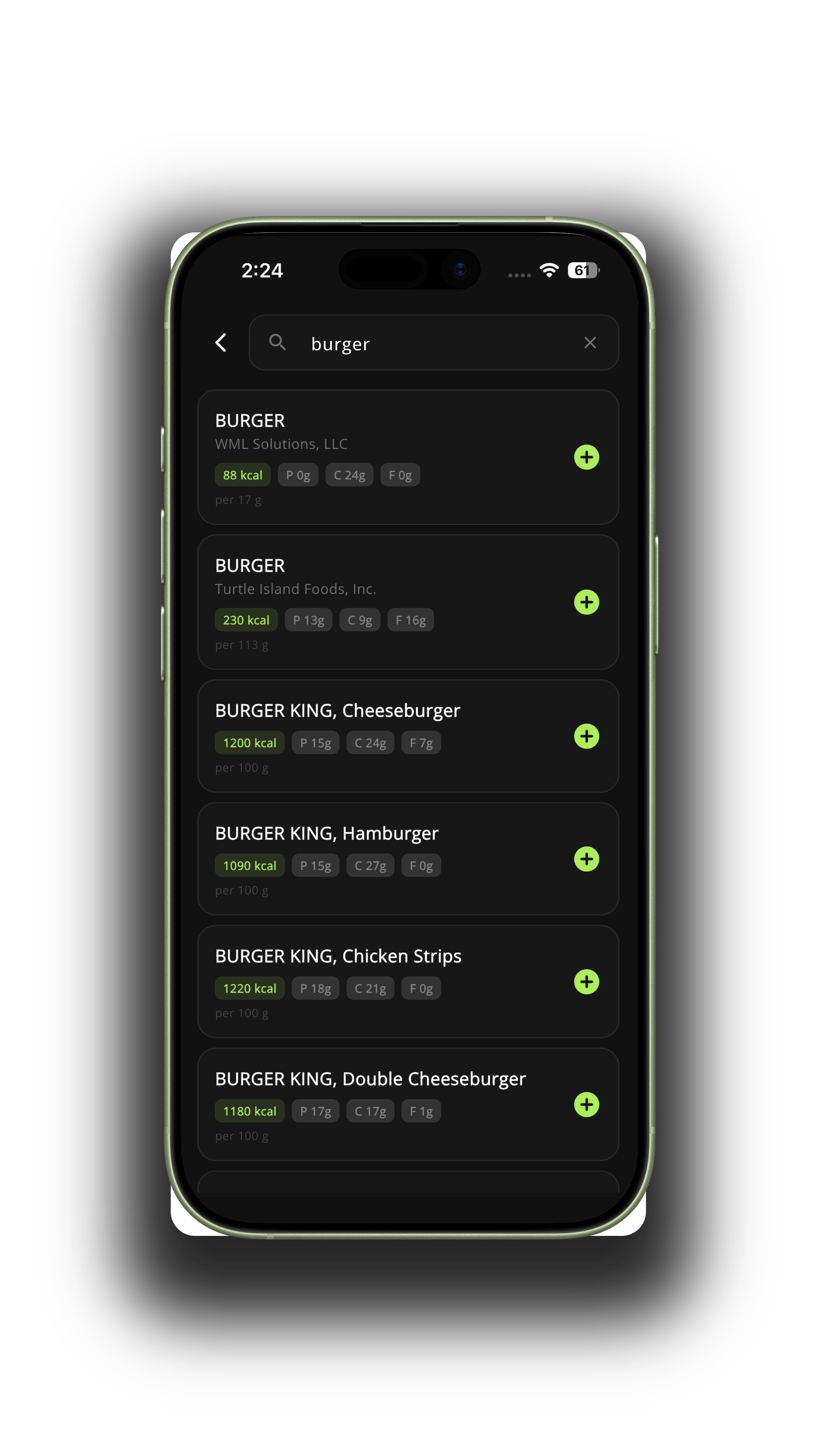 Food database search screen